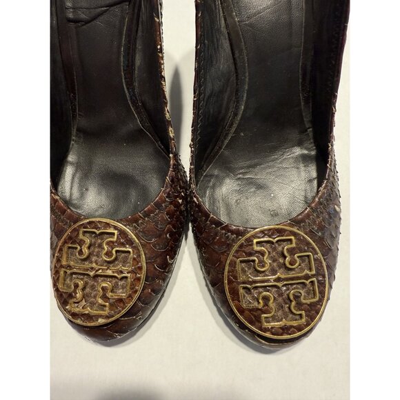 Tory Burch Sophie Wedge Chocolate Brown Leather Snakeskin Wedges Women's 7.5 - Picture 4 of 12